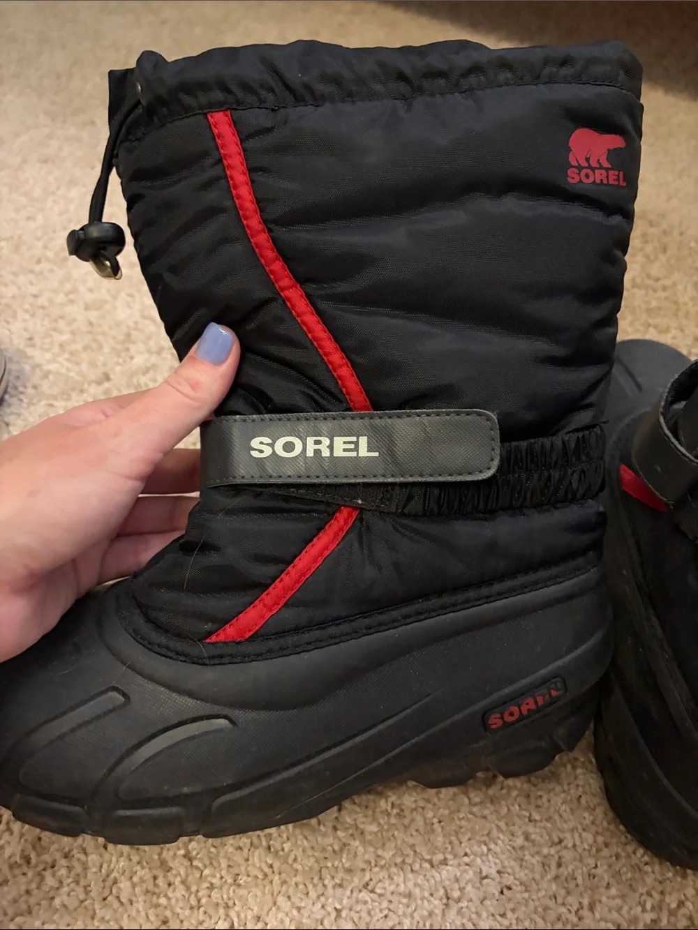Sorel Black and Red Kids Insulated Snow Boots
